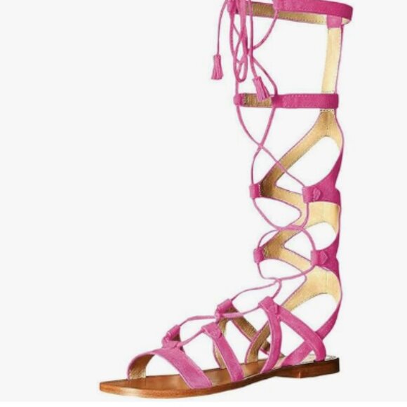 YDN Pink Sexy Knee High Lace up Flats Fringe Low Heel Gladiator Strap Sandals - Picture 1 of 8